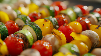 Wall Mural - Grilled vegetable skewers with chunks of zucchini, cherry tomatoes, mushrooms, and bell peppers, ready to be served at a barbecue