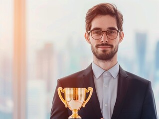 Successful business leader holding glowing trophy in bustling cityscape, portraying triumph and inspiration with copy space, focusing on all objects with deep depth of field.