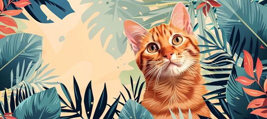 banner cute stripe cat on the tropical background 