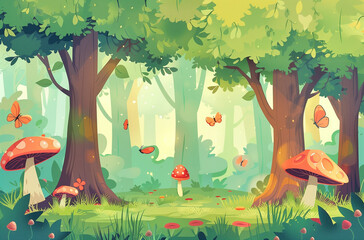 Wall Mural - A colorful illustration of mushrooms and butterflies in a forest