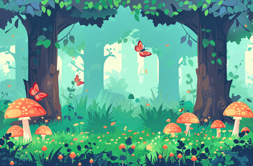 Wall Mural - A colorful illustration of mushrooms and butterflies in a forest