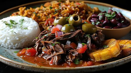 Canvas Print - Delicious Cuban Ropa Vieja with Rice, Beans, and Fried Plantains