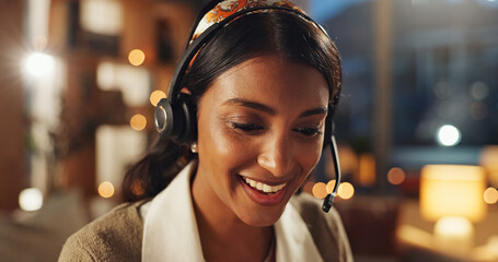 Canvas Print - Woman, smile and talking on headset for communication, telemarketing and faq consultation in call center. Female agent, happy and customer service for crm support, sales assistance and b2b networking