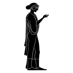 Sticker - Standing ancient Greek girl in profile with raised hand. Ethnic vase painting style. Black and white silhouette.