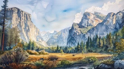 Wall Mural - Watercolor Painting of Yosemite Valley With Tall Granite Cliffs and Lush Forest