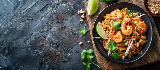 A colorful and delicious Pad Thai served on a wooden board, garnished with fresh herbs and lime wedges, accompanied by a bowl of peanuts. The vibrant presentation the appetizing nature of the dish