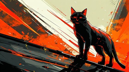 Poster -   Black cat on ledge against orange-white backdrop with black cat foreground