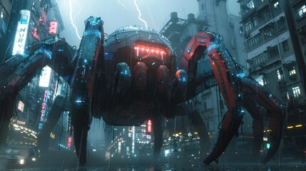 Poster - Cyberpunk Spider Robot in the Rain