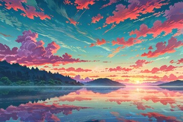 Poster - Pastel clouds paint the sky at sunset over a serene lake, with distant mountains. Anime art style