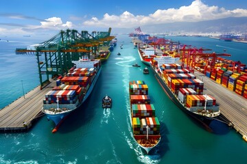 Aerial View of Busy Container Port With High-Speed Cargo Ships Docked