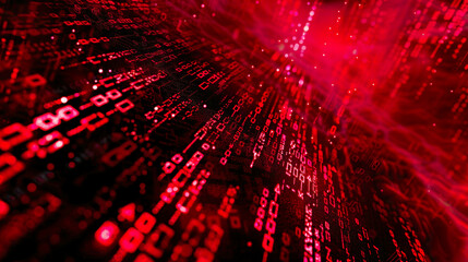 Cyber attack theme with binary code on a red background representing data breach and abstract and dynamic digital design 