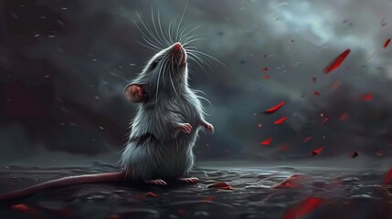 Wall Mural -   A painting of a rat perched on the ground, its front paws resting on its hind legs