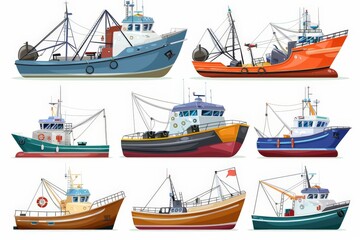 Kinds of Different fishing vessel boats and ships set vector illustration isolated on white background