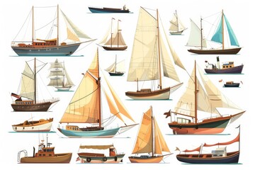 Kinds of Different fishing vessel boats and ships set vector illustration isolated on white background