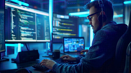 Developer working on programming and website design cyberspace concept ensuring social world safety blue tech background with intricate digital elements 