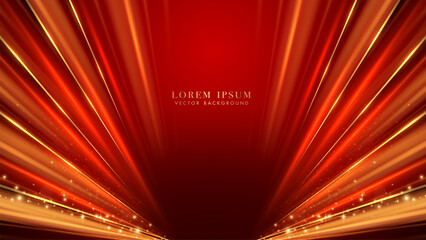 Canvas Print - Abstract glowing light rays with golden line, shine dot effect and glitter light decoration on red background