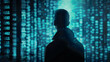 © InfinitiDesigns - Hacker silhouette standing over a screen displaying binary code symbolizing cybercrime and unauthorized access dark digital background emphasizing the clandestine nature of hacking