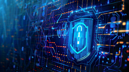 Icon graphic interface illustrating cyber security and digital data protection concept showcasing secure firewall technology for online data access defense against hackers