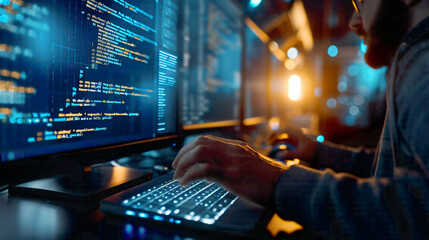 Programming and coding technology with bright light developer working on website design for social world safety cyberspace concept with blue digital theme 