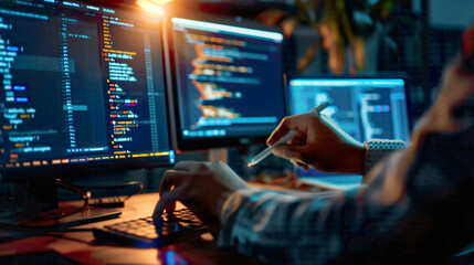 Programming and coding technology with bright light developer working on website design for social world safety cyberspace concept with blue digital theme 