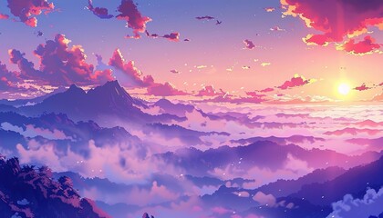 Wall Mural - An enchanting anime landscape of a mist-covered mountain range during sunrise, cartoon anime style