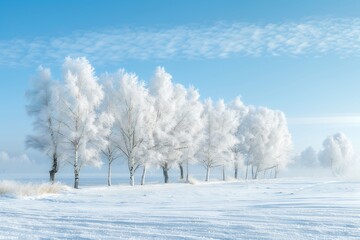 Poster - Beautiful winter landscape with trees covered in snow and fog on blue sky background. Winter nature scene with beautiful white trees, meadow field and clear morning air in cold season. Snowy winter vi