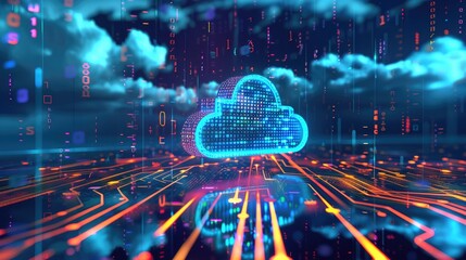 Cloud web storage for global social media data, AI server with binary code background