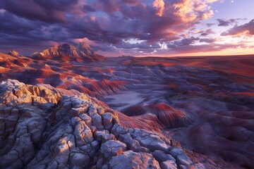 Wall Mural - The badlands of the Australian outback, photograph with dramatic lighting, at sunrise, the sky is filled with puffy clouds, the colors in the landscape range from golden to deep purple and pink, creat