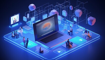 Isometric illustration of business people working on laptops and using digital interfaces, surrounded by various computer screens displaying data or code, all against the backdrop of an abstract techn
