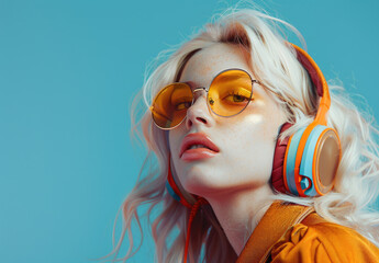 Poster - A fashion photoshoot of an American woman with shoulder length white hair, wearing gold glasses and colorful listening to headphones in front of blue background