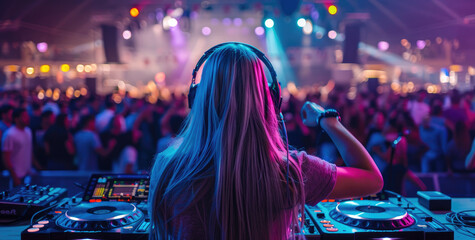 Wall Mural - A beautiful female DJ with long white hair is playing in front of an audience at night on stage