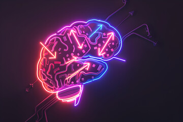 Wall Mural - Neon wireframe brain with glowing arrows isotated on black background.