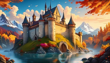 Wall Mural - panorama of the town of kotor, landscape with castle wallpaper landscape with castle, 3d illustration fairy tale castle building