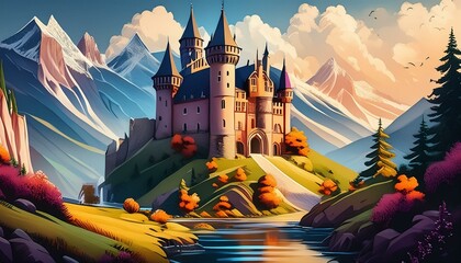 Wall Mural - panorama of the town of kotor, landscape with castle wallpaper landscape with castle, 3d illustration fairy tale castle building