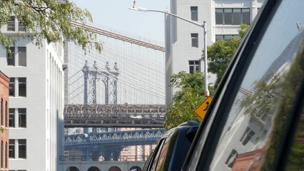 New York City Brooklyn Bridge and Manhattan Bridge. NYC modern architecture. United States real estate, Brooklyn Heights. Two bridges view near Squibb Park, Columbia Heights street. Travel USA.