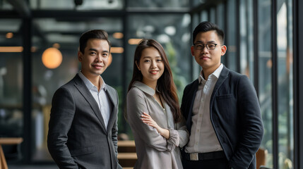 Wall Mural - Asian Business team looking at camera in modern office background.