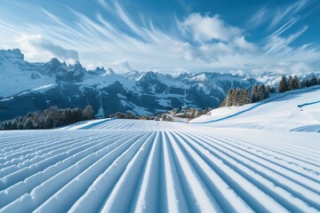 Poster - A beautiful snow-covered ski slope with perfect white lines and a ski resort in the background. A beautiful mountain landscape with snow-capped mountains and a blue sky. The photo was taken from above