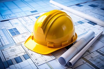 Construction worker's hard hat on top of blueprint for building design and planning