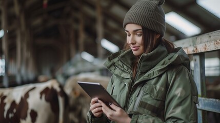 Sticker - Female farmer using a tablet while standing near cows at a barn