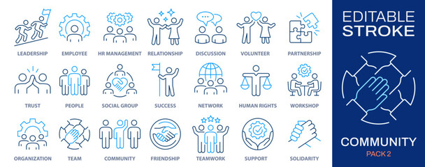 Community icon set. Collection of people, handshake, team, partnership and more. Vector illustration. Editable stroke.