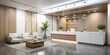 © Adisorn - Sleek minimalist white reception area of modern medical office hospital features clean lines, wooden accents, and stylish furniture in a serene and calming atmosphere.