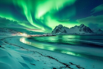 Wall Mural - Beautiful northern lights over the Lofoten Islands in Norway, with a dramatic sky in green and blue colors. The view from Svinoy's spacious beach at night during winter time. An awe inspiring natural 