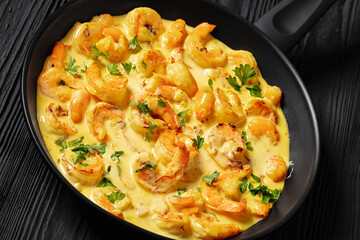 Poster - Sauteed Shrimp in creamy saffron sauce, top view