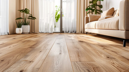 a modern living room with light oak vinyl flooring and matching oak-colored curtains, providing a na