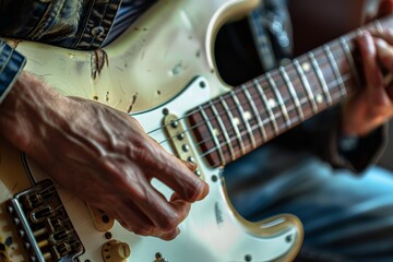 A close-up shot of a guitarist's hands as they strum the strings of an electric guitar. The guitar is white and shows signs of wear and tear