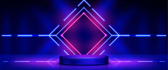 Wall Mural - blue pink neon 3d podium. futuristic light stage for product display. abstract glow platform in dark