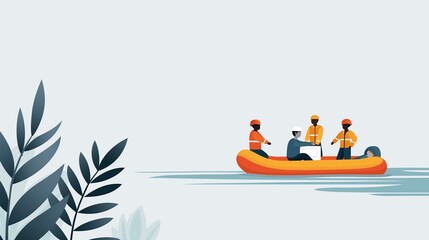 Disaster relief, rescuers aiding victims, flat design illustration