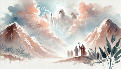 Wall Mural - The Revelation at Mt. Sinai. Digital watercolor illustration.