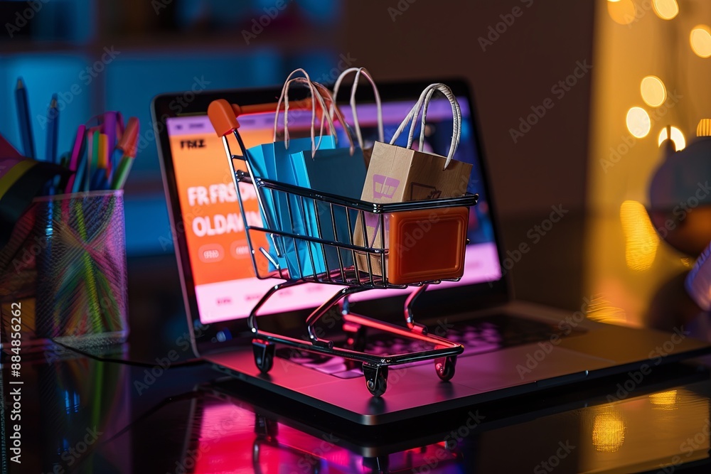 Online Shopping Cart with Colorful Paper Bags and Boxes Next to Open ...