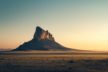 Sticker - ship rock in new mexico at sunrise, silhouette of the mountain against clear sky, flat desert landscape, warm tones, golden hour lighting, high resolution photography